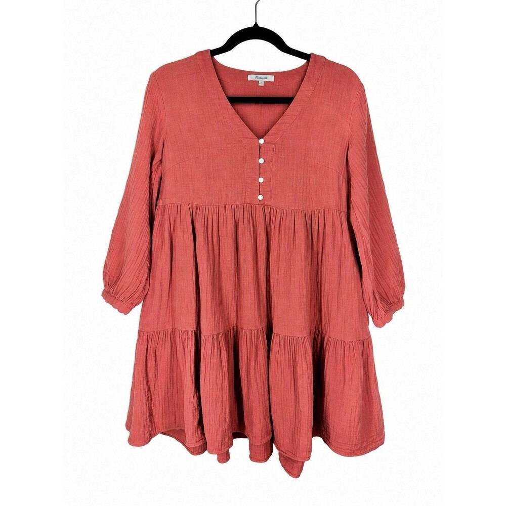 Madewell Women’s Size 0 Coral Cotton Gauze Tiered Mini Dress Pockets Boho